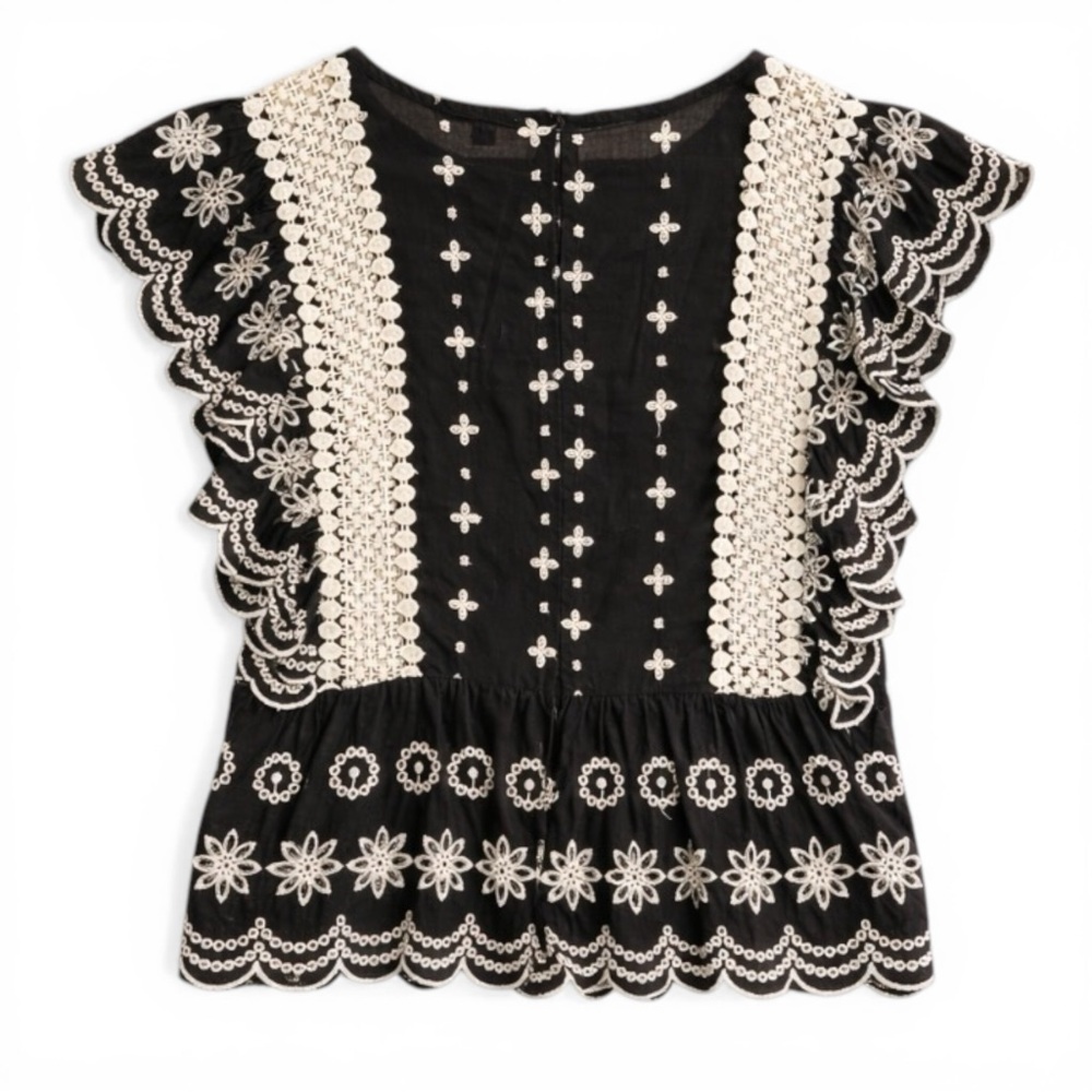 Monograph Black/Cream‎ Boho Embroidered Ruffle Eyelet Lace Cotton Peplum Top S